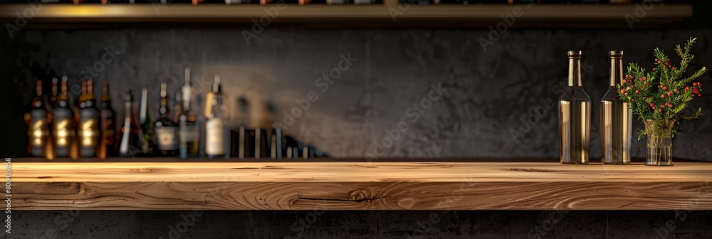 Poster bar wooden table topped with bottles of wine and a vase filled with flowers on top of it next to a s