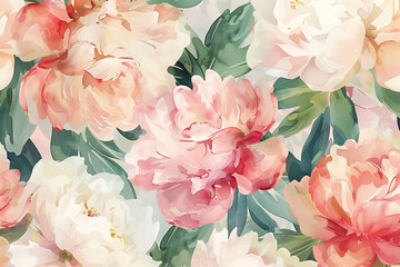 Delicate strokes come to life in a mesmerizing watercolor peony flower pattern, offering a whimsical touch to nursery art illustrations and clipart,