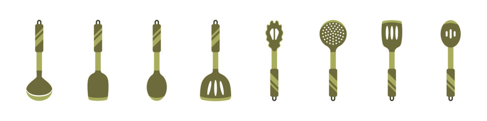 Kitchen icons set. Kitchen utensils icon set. Tools for cooking. Stylish spatulas, spoons, forks for cooking. Utensils for cooking are colored with patterns.