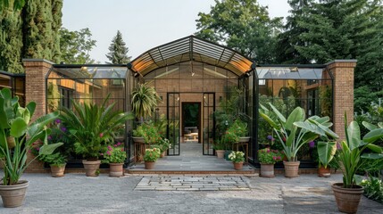 A large greenhouse with a brick exterior and a glass roof. The greenhouse is filled with plants and has a patio area with potted plants. The entrance to the greenhouse is open