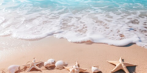 Fototapeta na wymiar starfish and shells on a sandy beach near the ocean waves