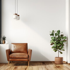 living room wall mockup with leather armchair 