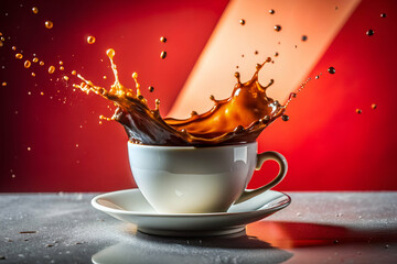 Close-up of Spilled Coffee from Tipped Cup on Vibrant Red and White Background