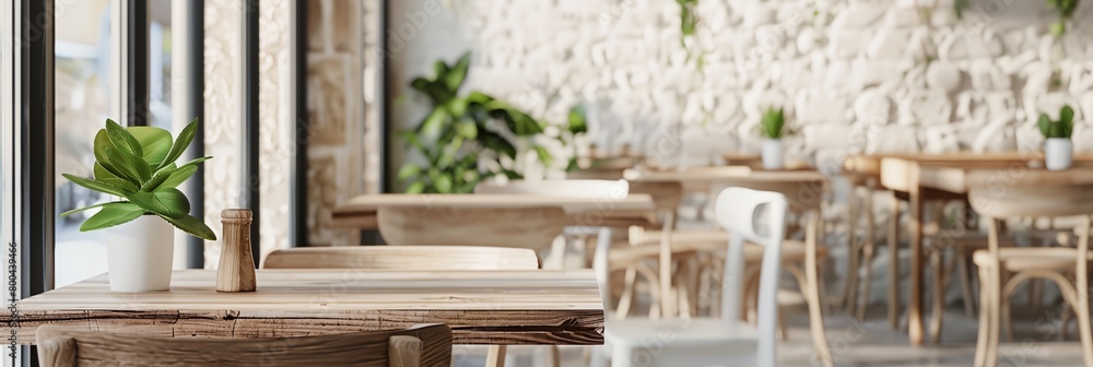Poster a table with a plant in a vase on it in a restaurant setting