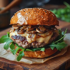 beef steak burger with beef patty, raclette cheese, mushroom sauce, candied onions, and rocket leaf served in paper on a wooden