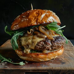 beef steak burger with beef patty, raclette cheese, mushroom sauce, candied onions, rocket leaf in wooden background