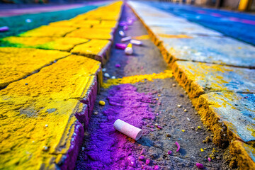 Macro of Chalk Line Snapped Mid-Draw on Sidewalk with Bright Purple and Yellow Background