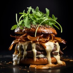 beef steak burger with beef patty, bacon slices, raclette cheese, mushroom sauce, candied onions, rocket leaf 