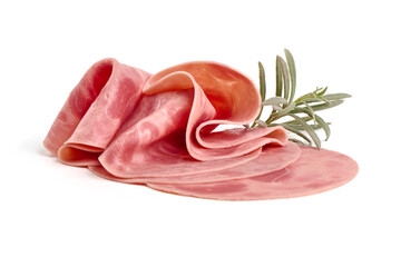 Sliced boiled ham sausage, isolated on white background