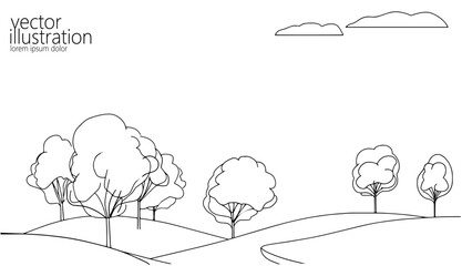  Single continuous line art tree park alley. Outdoors garden landscape design one sketch outline drawing vector illustration