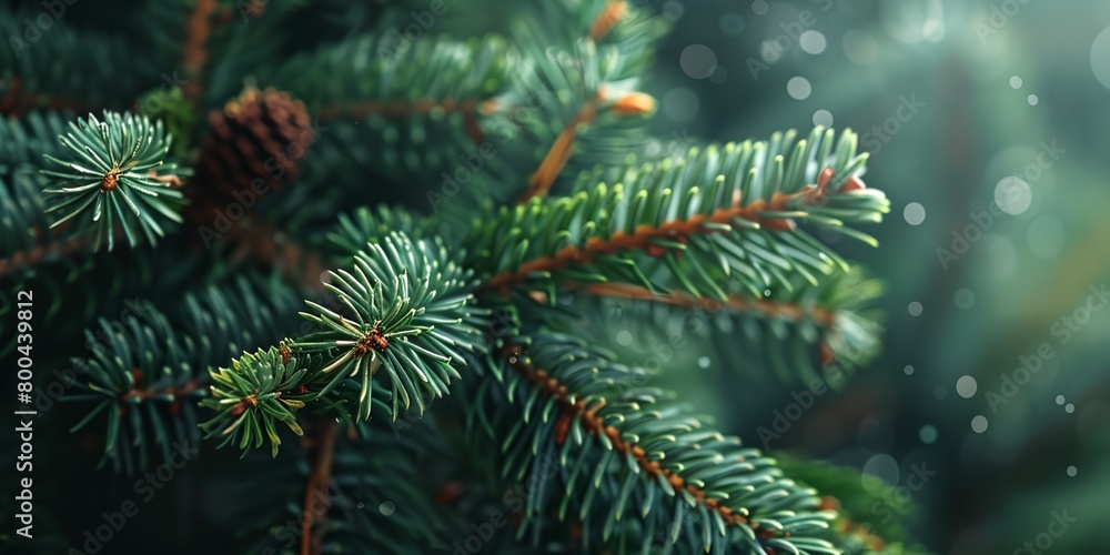 Poster a close up of a pine tree with a blurry background of the branches and cones of the tree