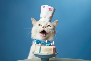 cat in a chef hat blowing out candles on a cake