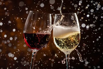 two glasses of wine are being filled with liquid and bubbles on a black background with white and red bubbles