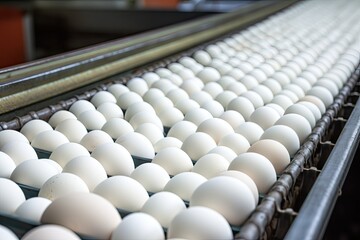 endless rows of white eggs on a conveyor belt