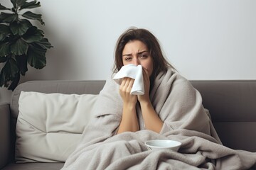 sick woman with a cold sitting on the couch