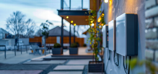 A house with a patio and a wall with two black boxes on it