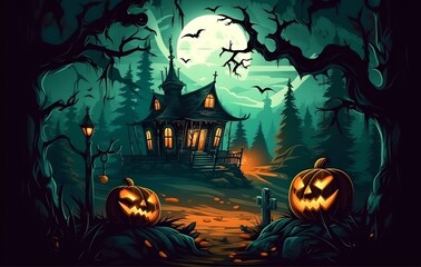 a halloween scene with a creepy house and pumpkins in the yard with a full moon in the background..