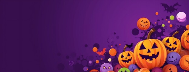 a purple background with pumpkins and bats