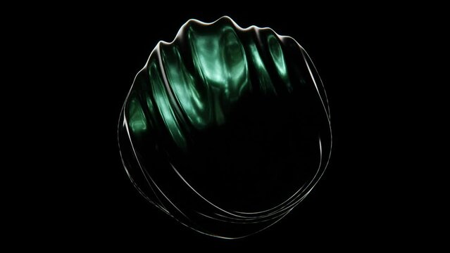 Abstract 3D liquid fluid illuminated shape oil blob bubble sphere chemical futuristic flow metallic chrome element gem emerald green gradient monochrome seamless loop 4K 30 fps animation wallpaper