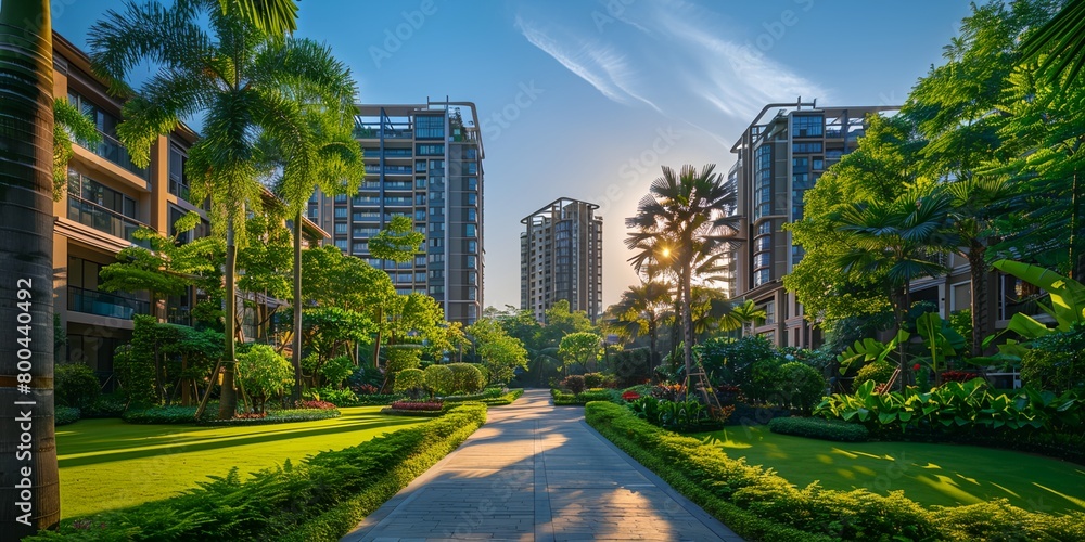 Poster a pathway in a park with tall buildings in the background and palm trees in the foreground