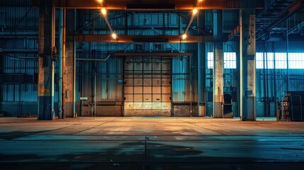 warehouse interior set at night with a dark grungy atmosphere