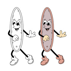 Groovy surfboard character. Surfing. Funny cartoon retro character surfboard in flat and doodle style.