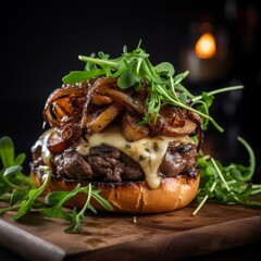 open beef steak bun with beef patty, raclette cheese, mushroom sauce, candied onions, rocket leaf