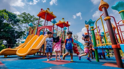 Joyful children playing on a vibrant playground