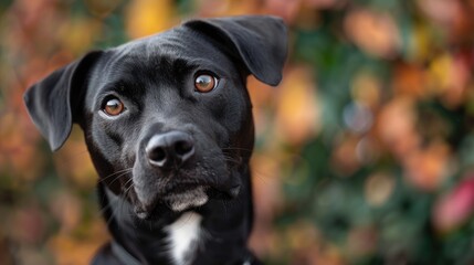 A close up portrait of a black dog looking up at the camera with a blurred background of fall leaves.