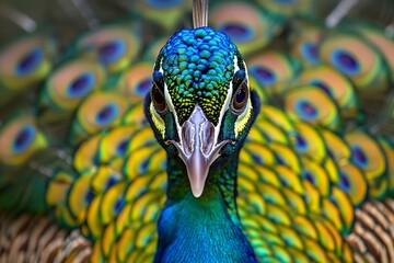 a peacock with a very colorful feathers pattern on its back it is looking at the camera - obrazy, fototapety, plakaty