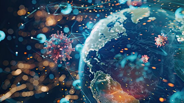 An artistic representation of a virus drifting above the liquid world of Earth