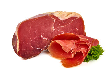 Spanish jamon iberico, serrano ham, isolated on white background. High resolution image