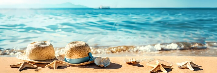 Obraz premium two hats sitting on the sand of a beach near the ocean and starfish shells on the sand,