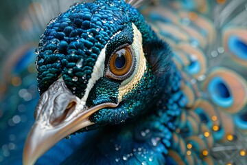 a peacock with a blue and yellow feathers and a white head and neck with a blue and gold pattern - obrazy, fototapety, plakaty
