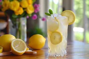 a glass of lemonade with a slice of lemon on the rim and a lemon wedge on the rim - obrazy, fototapety, plakaty