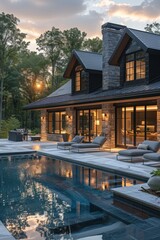 A garden party unfolds at a modern summer retreat with refreshing furnishings, indirect lighting, and minimalist icy decor. 