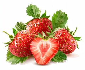 a group of strawberries with leaves on a white background with a shadow of a heart on the center