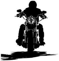 Silhouette of a biker on motorcycle, in black, isolated 