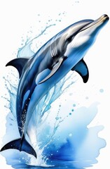 sea wild life. dolphin jumping with water splash isolated on white background, watercolor drawing.