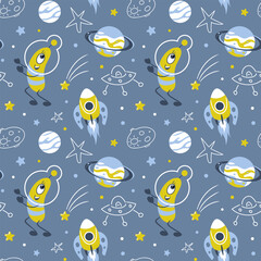 Space trip. Green alien in a spacesuit that looks like plankton or a microbe. Flying saucer, rocket and comets, meteorite and stars. Cute seamless pattern, Scandinavian style. For wallpaper, wrapping