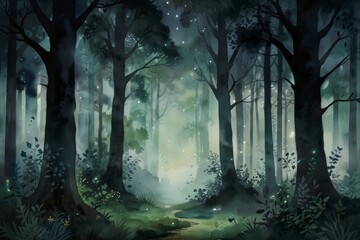 Fantasy forest with fog and trees. Digital watercolor painting.