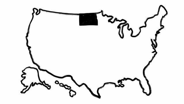 Set of animated hand drawn maps of the USA and North Dakota territory filmed in isolated stop motion. Outline borders of America country and one of states highlighted in black color. Learn Geography