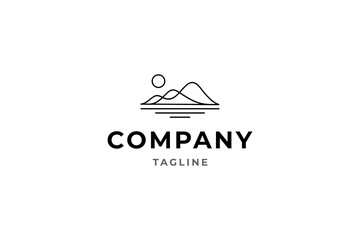 mountains hill logo with lake in simple linear design style