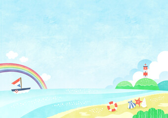 のんびりした夏の海の風景 虹のかかるビーチの水彩背景イラスト