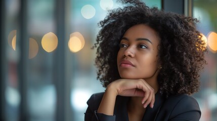 Contemplative african american woman in professional attire with soft bokeh lights against a blurred office backdrop