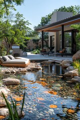 Gathering in a serene garden setting at a modern retreat featuring aquatic elements, light furnishings, and soothing ambiance. 