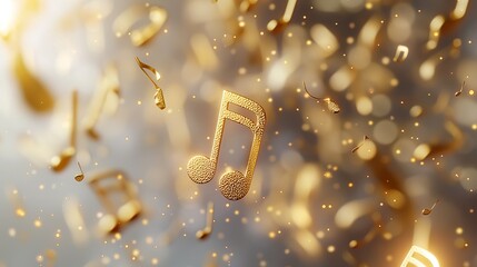 Enchanting golden music notes suspended in a sparkling, bokeh-lit background, capturing the essence of melody and rhythm