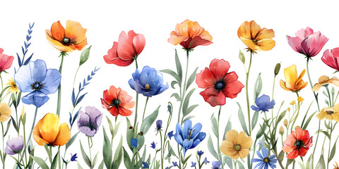 A vibrant watercolor seamless pattern of wild flowers, perfect for decorative use in art, design, and other creative projects.