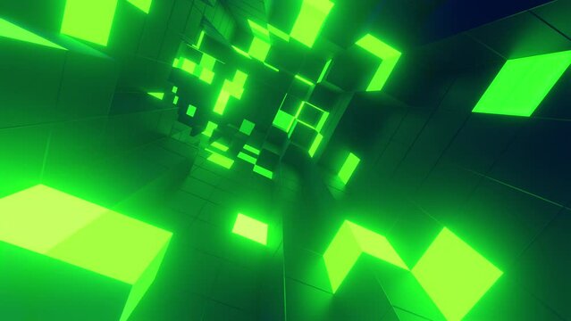 3d tunnel glowing green blocks grid, seamless loop