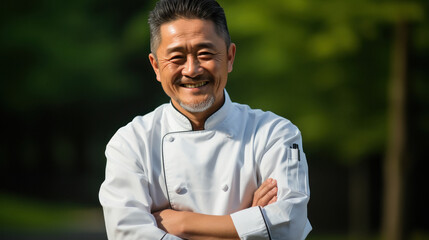 Asian male chef in white uniform